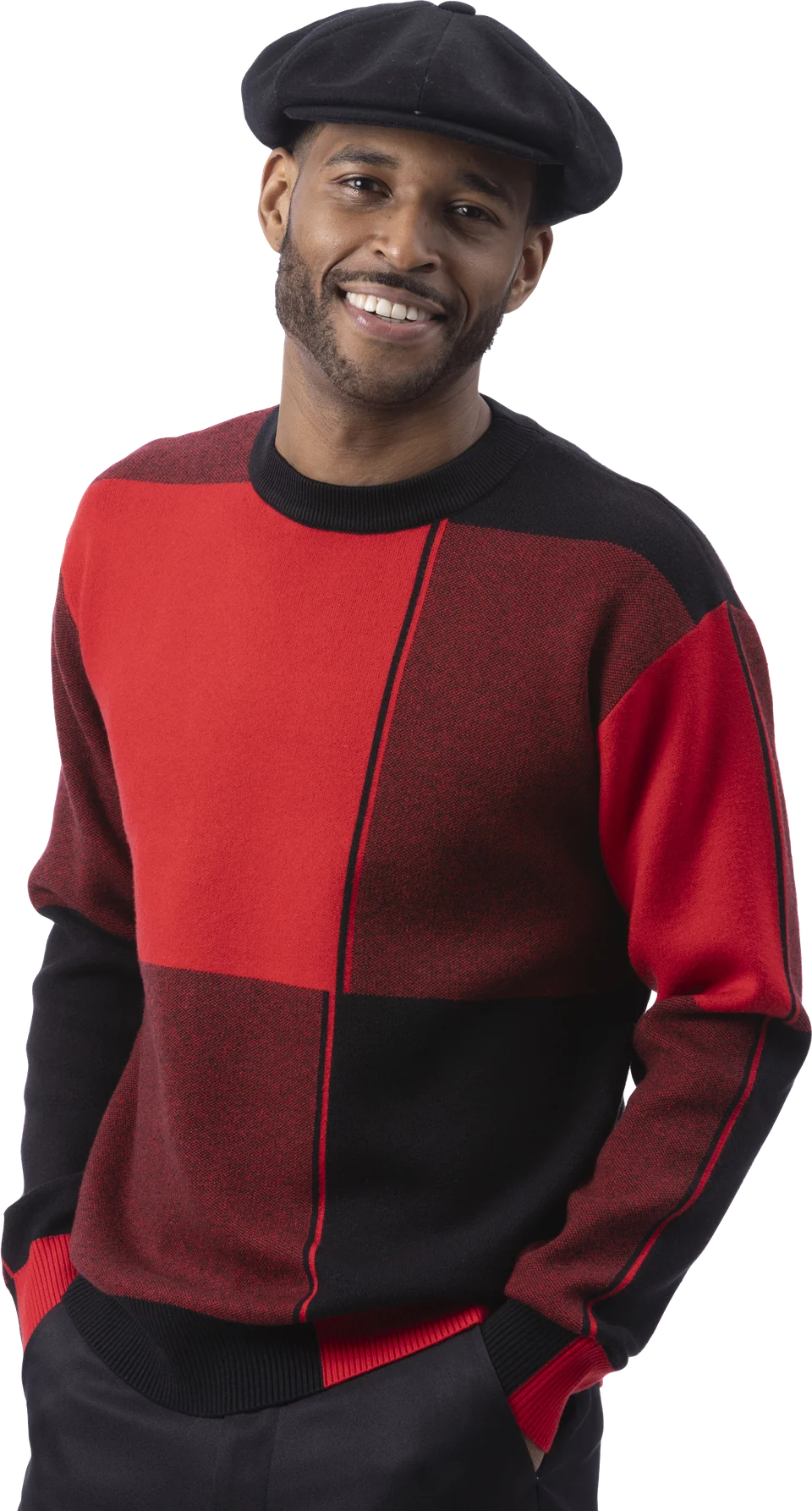 SW-101 black and red color-block crewneck sweater