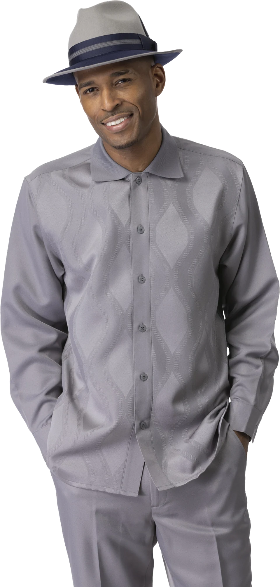 Grey ribbed-collar walking suit with matching grey hat