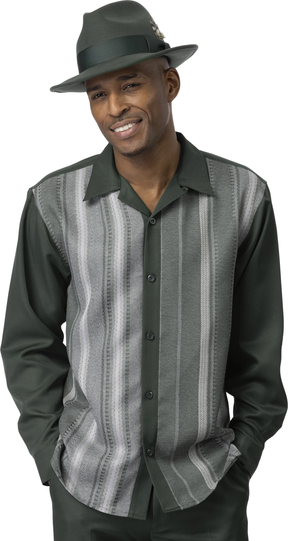 Green open-collar walking suit with matching green hat