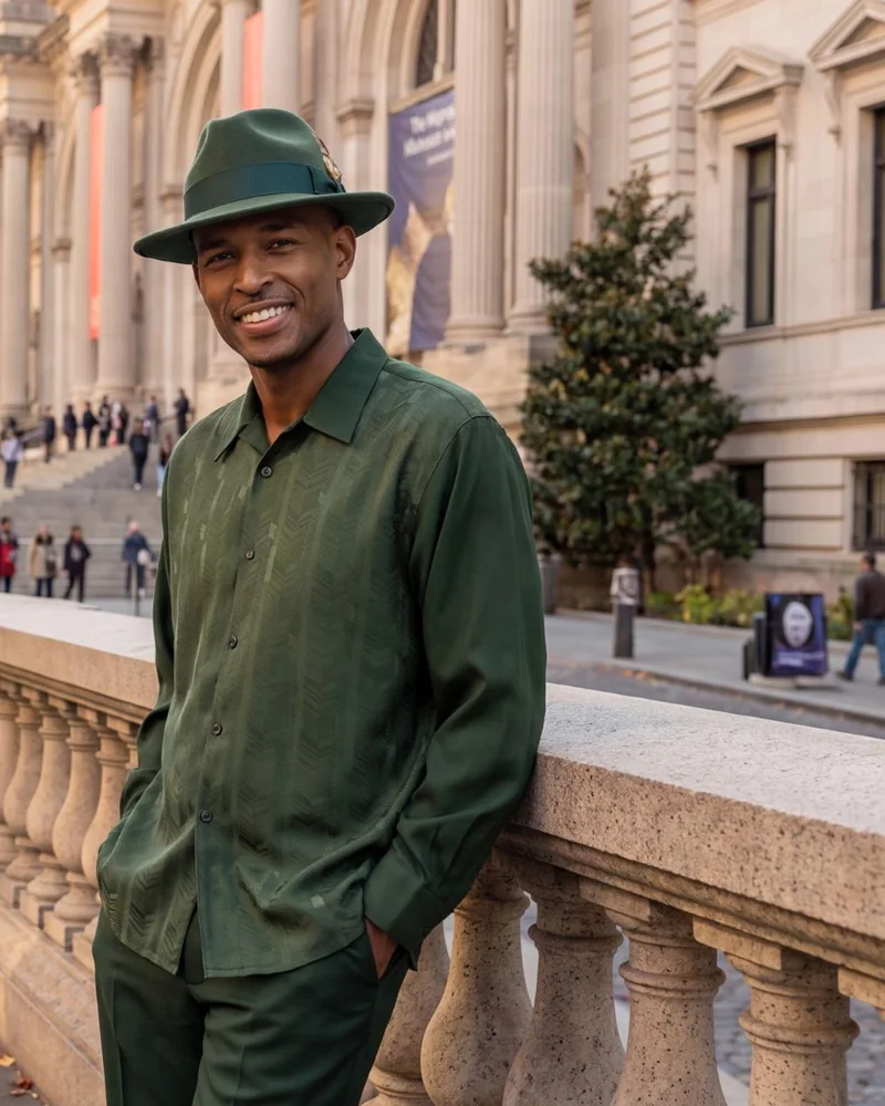 Green Fall Winter 2026 walking suit in a city setting