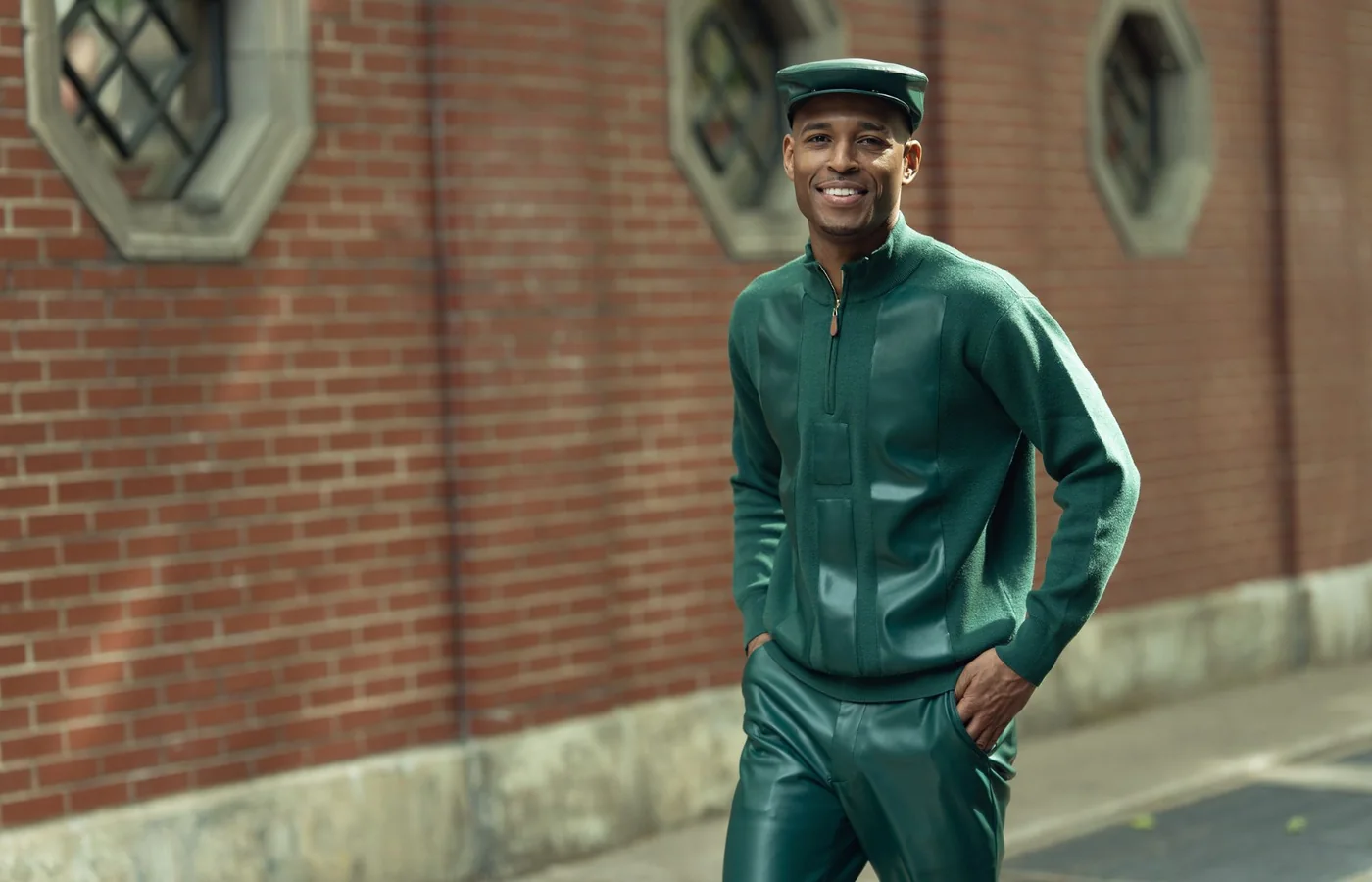 Hunter green faux-leather Fall Winter 2026 sweater lifestyle look
